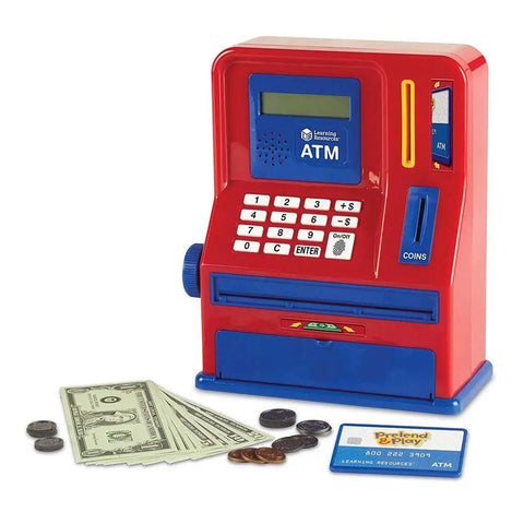 Kid Friendly Interactive Pretend ATM Bank For Kids Electronic Piggy Bank with play money, card, and coin slots for balance tracking.