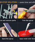 Starter To Pro Model Tools Kit 14 Piece Set showing pliers, knife, sanding stick, and tweezers for Gundam builds