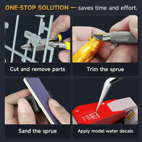 Starter To Pro Model Tools Kit 14 Piece Set showing pliers, knife, sanding stick, and tweezers for Gundam builds