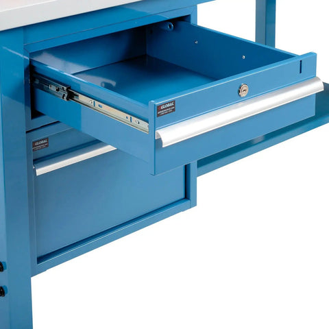 Heavy Duty 72 By 36 Inch Workbench With 1 1/4 Inch Thick ESD Laminate Top And Rock Solid Blue Steel Base featuring a drawer.