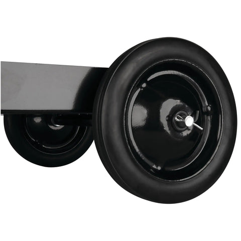 Universal Mobile Welding Cart On Wheels with Storage Trays for MIG Welders and Plasma Cutters, close-up of swivel front caster.