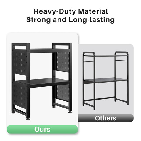 Heavy Duty Microwave Stand With Expandable 3 Tier Frame And Adjustable Height For Tight Kitchen Counters Nine Hanging Hooks And Cutting Board Rack Holds A Ton Up To 180 Pounds In Matte Black