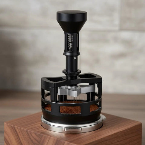Solid Game Changer Espresso Pin Distributor And Coffee Clump Breaker Tool For Portafilter, Black aluminum tool with comfort grip for espresso.