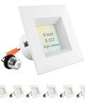 4 Inch Square LED Recessed Light Kit, 950 Lumens, Dimmable Retrofit, Five Color Temperatures 2700K To 5000K, wet rated, IC rated