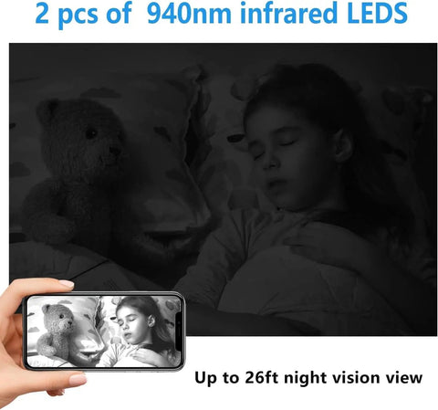 Coin Sized Hidden Spy Camera with 1080P HD WiFi, Night Vision showing a sleeping child viewed via iOS app for home security