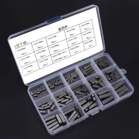 Key stock assortment: 140 steel parallel shaft keys in a clear plastic organizer box (front view)