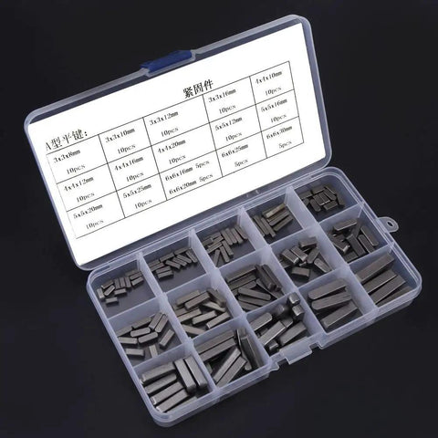 Round Ended Feather Keys Set 140 Piece For Keyways And Fasteners In Mechanical And Industrial Projects With 8mm 10mm 12mm 16mm 20mm 25mm 30mm Sizes Parallel Square Keys And Key Stock For Quick Install And Easy Maintenance. Displayed in a transparent storage box.