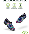 Women's Waterproof Rain Kicks Slip-On Garden Clog With Heavy-Duty Arch Support And All-Day Cushy Comfort For Busting Through Puddles And Tackling Yard Chores In Light Blue Bee Print in floral design.
