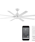 Heavy Duty 66 Inch Outdoor Ceiling Fan With Remote Control In Matte White with smartphone and remote, ideal for patios.