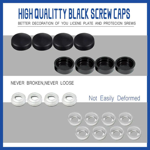 Black screw caps for license plate protection, suitable for securing heavy duty stainless steel anti theft license plate screws set.