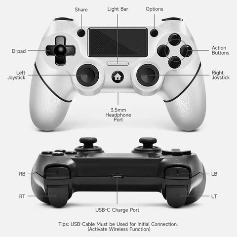 Two Pack Wireless PS4 Controllers Set For PS4 Pro Slim And PC With Non Slip Grips On Both Sides And USB C Cable Included Ergonomic Design For Comfort And Precise Control Black And White front and back view close-up