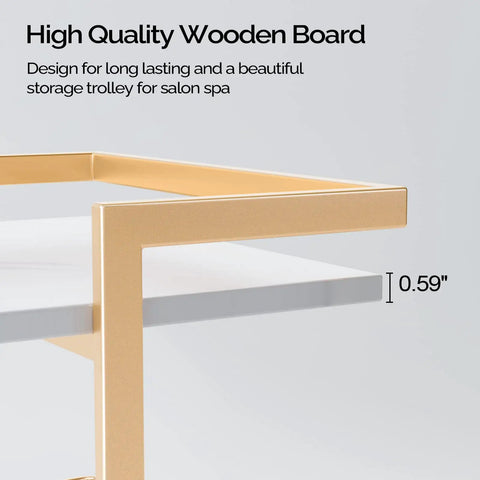 Close-up of Wheeled Beauty Salon Cart On Gold Finish for Mobile Spa with a 0.59-inch thick white wooden shelf and metal frame.
