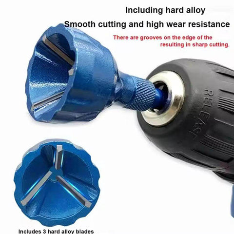 Blue titanium-coated countersink chamfer tool with 3 hard-alloy blades for wood, metal, plastic