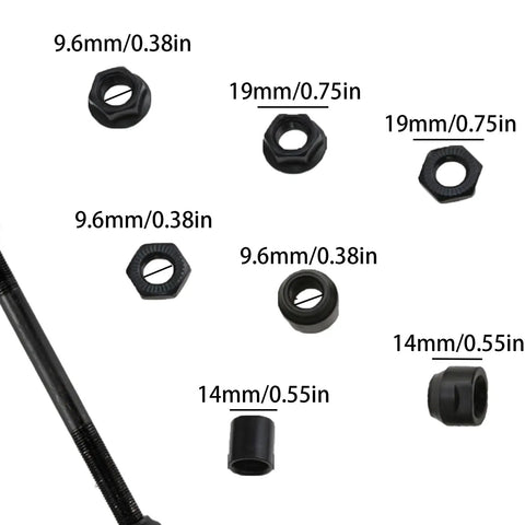 Heavy Duty Bike Rear Hub Axle 175mm 6.89 Inch Three Eighths Inch 26 TPI Conical Lock Nut Kit with varied nut sizes