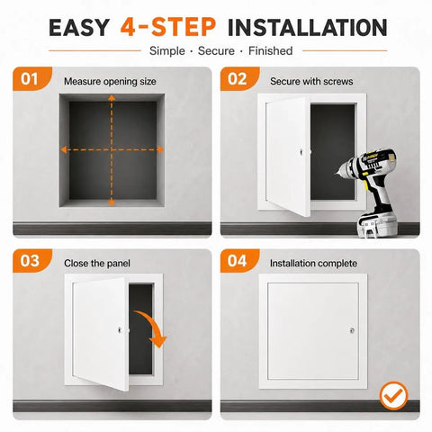Easy 4-step installation guide for Top Shelf Locking Aluminum Drywall Access Panel with Rock Solid Galvanized Steel Frame.