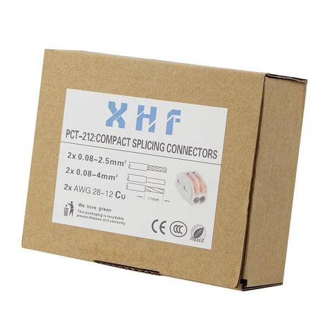 Box of 100 Pack Lever Nut Wire Connectors 2 Conductor Quick Connect Terminals 28 12 AWG with product label visible