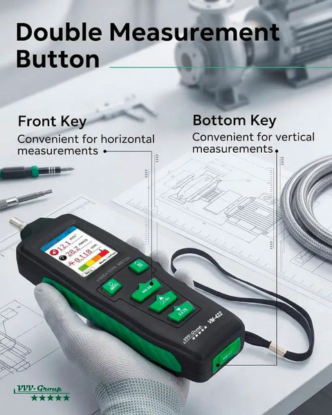 Workhorse Industrial Vibration Meter VM 422 With Memory For Trend Tracking, 3 In 1 Vibration Diagnostics, Measures Acceleration 0.1 To 199.9 m/s2, Velocity 0.1 To 199.9 mm/s, Displacement 0.001 To 1.999 mm, 10 Hz To 4 kHz, 500 Data Storage handheld meter with front and bottom keys