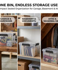 Kickass Heavy Duty 19 Quart Storage Bin With Airtight Gasket Lid Clear stackable plastic crate for organized garage and basement storage.
