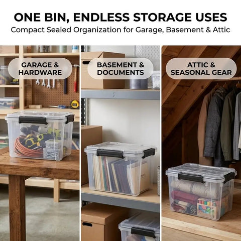 Kickass Heavy Duty 19 Quart Storage Bin With Airtight Gasket Lid Clear stackable plastic crate for organized garage and basement storage.
