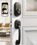 Next Level Wifi Smart Lock With Hd Camera And Video Doorbell Five In One Keyless Deadbolt Featuring Fingerprint Scanner Keypad on white door.