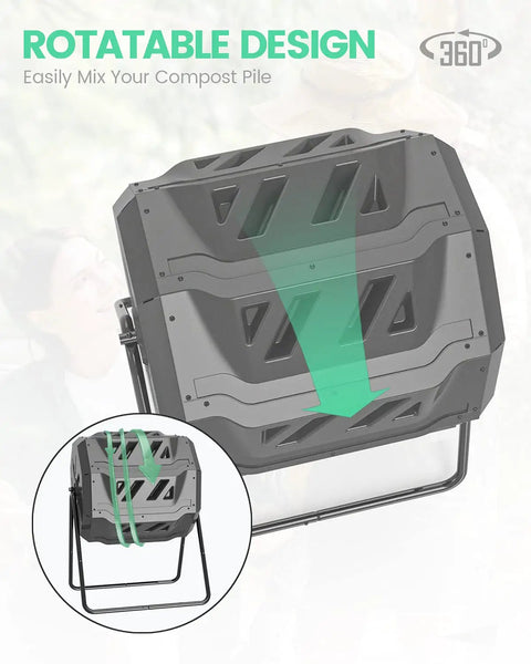 Dual Chamber Outdoor Compost Bin No Fuss 43 Gallon Capacity Rotating Aerated Compost Tumbler BPA Free Material in black