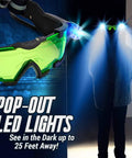 Epic Night Vision Spy Goggles For Kids See In The Dark with LED lights illuminating a person standing in the dark.