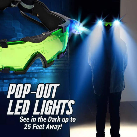 Epic Night Vision Spy Goggles For Kids See In The Dark with LED lights illuminating a person standing in the dark.