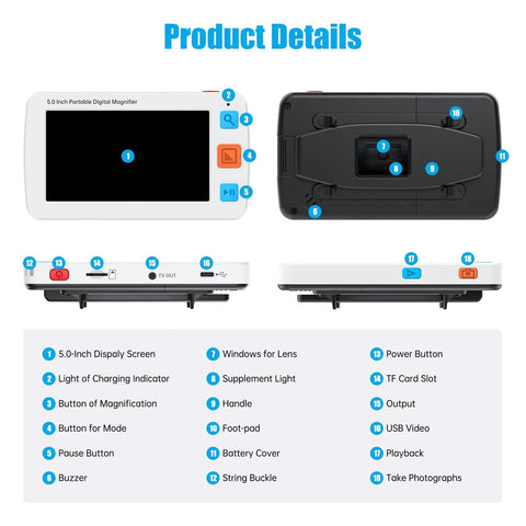 Must Have Portable Digital Magnifier Reading Aid With Foldable Handle 5.0 Inch LCD Screen product details chart.