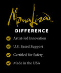Mona Lisa metal leaf adhesive label with gold check icons and Made in the USA.