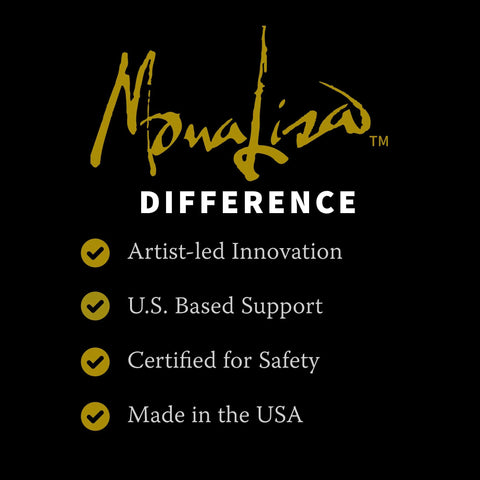 Mona Lisa metal leaf adhesive label with gold check icons and Made in the USA.