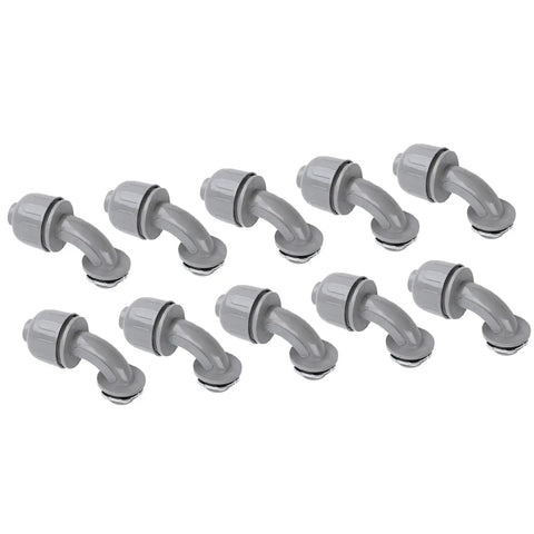 10 Pack Tough 1 Inch NPT Liquid Tight Flex Conduit Connectors 90 Degree Elbow Non Metallic Electrical Cord Grip Adapters in gray.