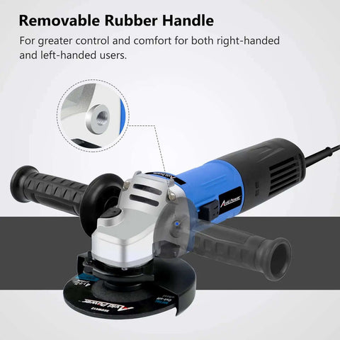 Badass 4.5 Inch Angle Grinder With 7.5 Amp Motor And 900W Power Delivers 11000 Rpm showing removable rubber handle for comfort.