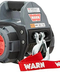 Drill Winch 750 Lb Pulling Capacity With 40 Ft Synthetic Rope Portable And Easy To Use For Light Duty Towing Vehicle Recovery And Quick Winching Tasks, Winch front view with hook and red strap