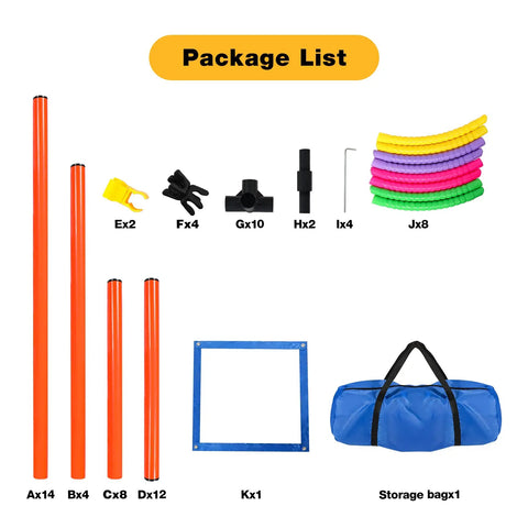 Dog Agility Training Set For Backyard And Indoor Use 4 Piece Obstacle Course with poles, jump rings, and carry bags