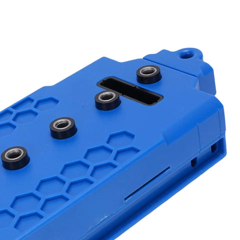 Pro Grade Shelf Pin Jig Template Crafted From Tough ABS Plastic with metal fittings for cabinet hole spacing.