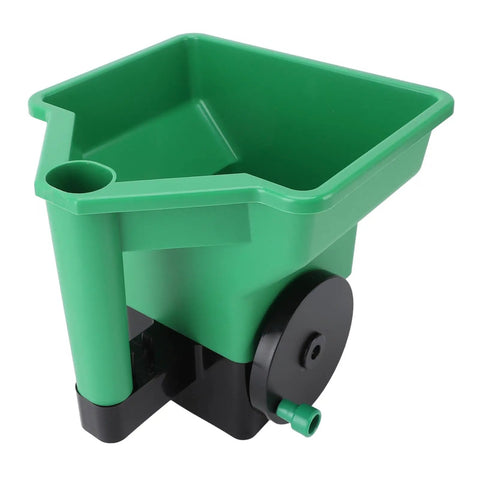 Handheld 3L Manual Lawn Spreader For Fertilizer And Salt with green PP body, black handle, used for lawn and garden maintenance.