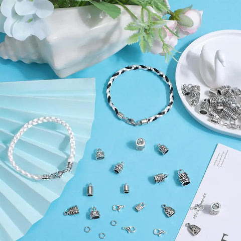 Must Have All In One Leather And Kumihimo Bracelet End Cap Kit With Tibetan Antique Silver Finish displayed with components