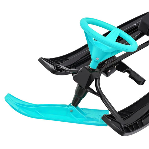Close-up of Steerable Ski Sled With Steering Wheel And Twin Brakes, Heavy Duty Go Kart Snow Scooter For Kids And Grownups, green model.