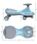 Trendy Swing Ride On Wiggle Car With Glowing Wheels And Easy Twist Steering Designed For Toddlers Age 3 Plus Zero Batteries Needed Tough Blue Frame dimensions side view and top view.