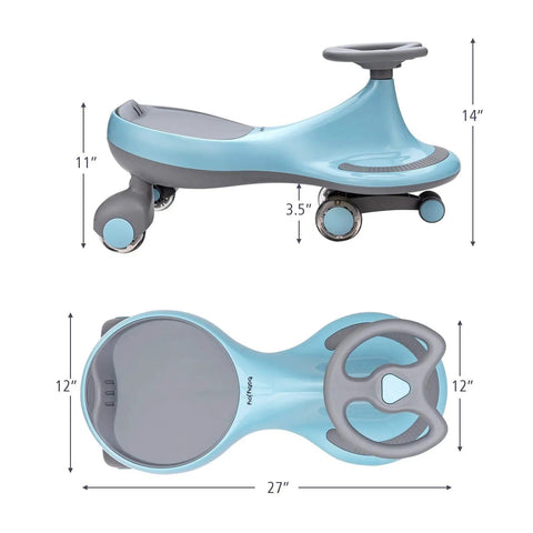 Trendy Swing Ride On Wiggle Car With Glowing Wheels And Easy Twist Steering Designed For Toddlers Age 3 Plus Zero Batteries Needed Tough Blue Frame dimensions side view and top view.