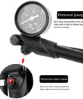Shock Pump for Road and Mountain Bikes High Pressure 300 PSI Gauge showing pressure gauge and relief valve