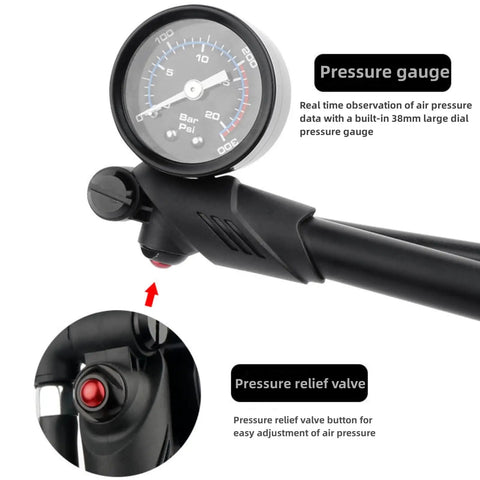 Shock Pump for Road and Mountain Bikes High Pressure 300 PSI Gauge showing pressure gauge and relief valve