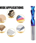 Three Eighths Inch Shank Compression CNC Router Bits Carbide Spiral End Mill Up and Down Cut Nano Blue Coated, shown with material examples