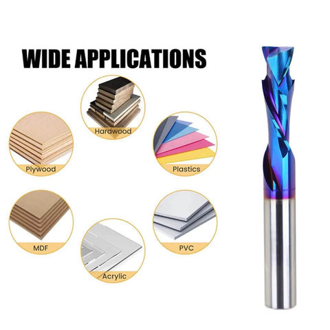 Three Eighths Inch Shank Compression CNC Router Bits Carbide Spiral End Mill Up and Down Cut Nano Blue Coated, shown with material examples