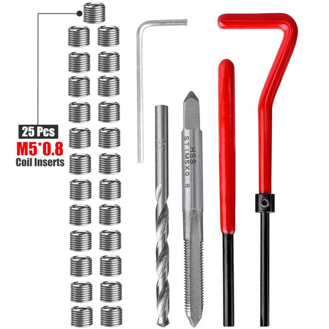 30 Piece M5 Thread Repair Kit With Helicoil Inserts And Insertion Tools For Damaged Threads DIY Auto And Home Projects M5 X 0.8mm Stainless Steel Set For Durable Heavy Use, showing 25 stainless inserts, HSS tools, and red handles