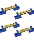 Heavy Duty Grounding Bus Bar Kit 4 Pack with six brass terminals mounted on blue bases, ideal for electrical connections.