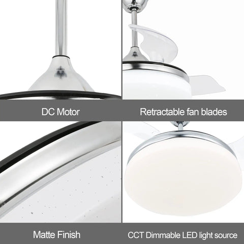 Close-up view of Dope 60 Inch Farmhouse Ceiling Fan With Lights Reversible Quiet DC Motor Fandelier showing retractable fan blades.