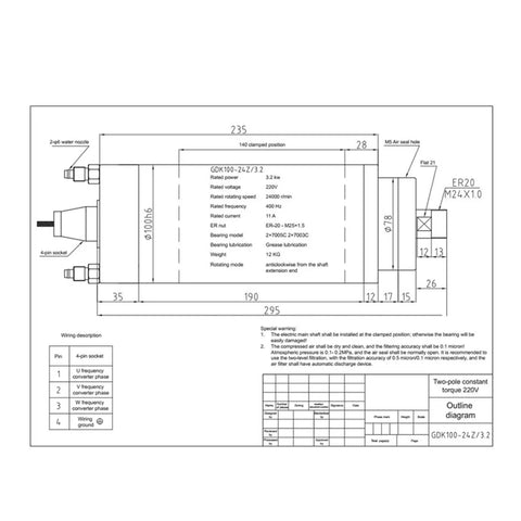 Technical diagram of Badass Industrial Grade Constant Torque Spindle Motor With Er20 Chuck Nut 220V 380V 400Hz Up To 24000 Rpm.