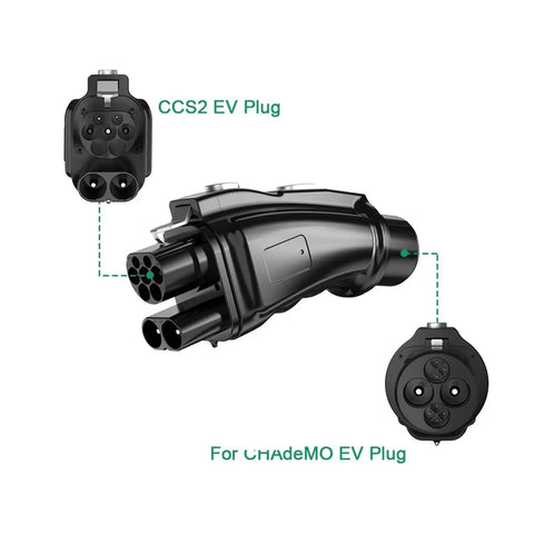 Top Shelf Heavy Duty Ccs2 To Chademo Adapter For Blazing 250A Dc Ev Charging Supplies showing CCS2 and CHAdeMO EV plugs detail.
