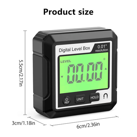 Knockout Performance Digital Angle Finder With Heavy Duty Magnetic Base And Bright Backlit Lcd Display Functions As A Sleek Protractor Inclinometer Level Box For Dead On Accuracy showing size and resolution details.